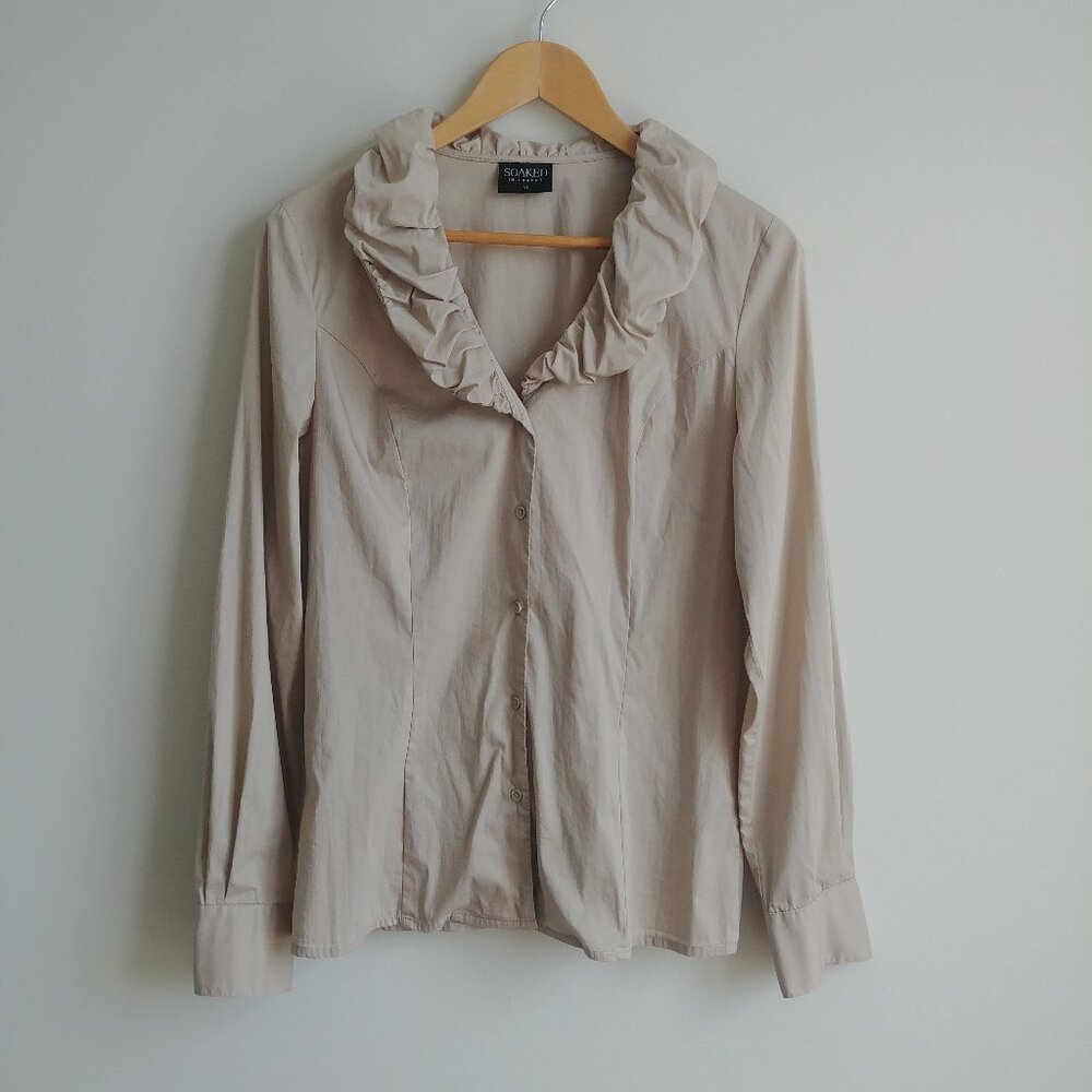 Soaked in Luxury cream tan button down blouse top ruffle statement collar Medium